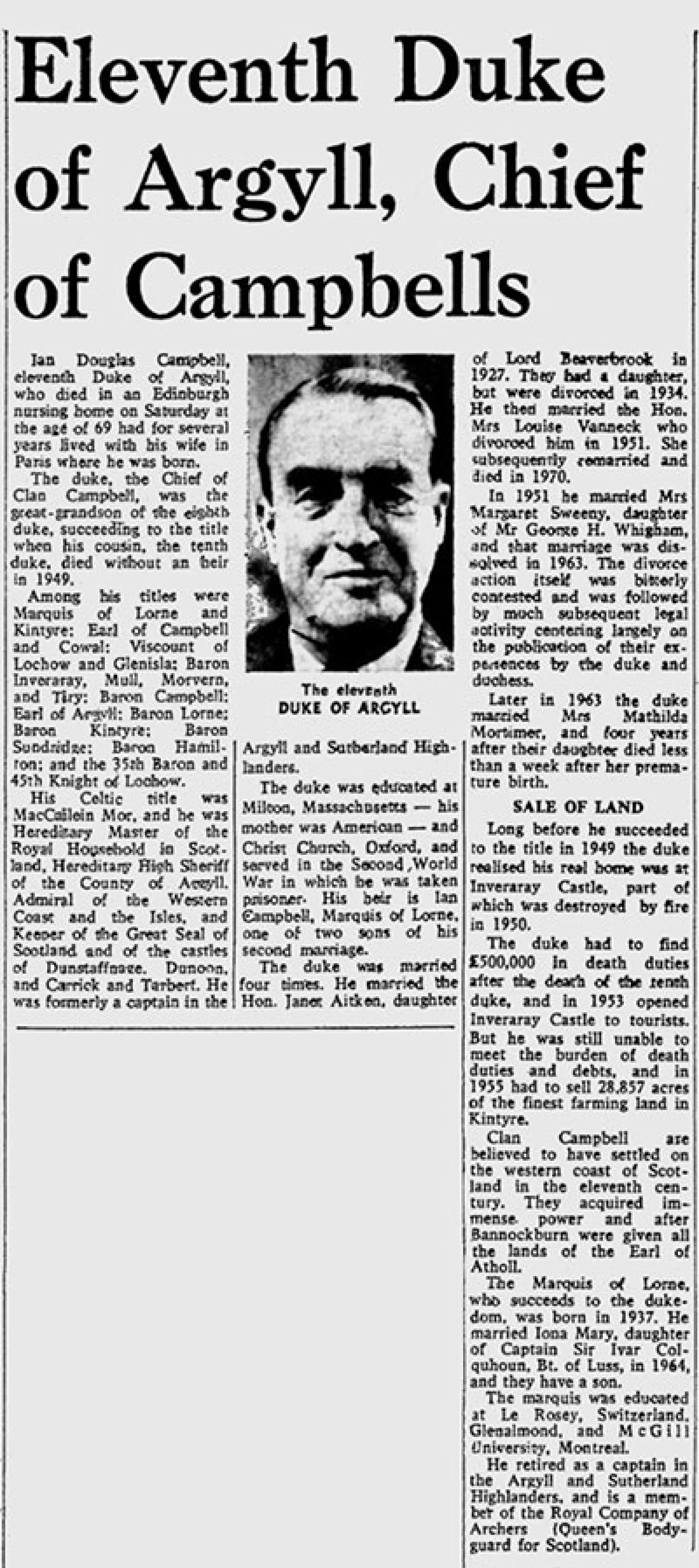 Image of 11th Duke of Argyll obituary
